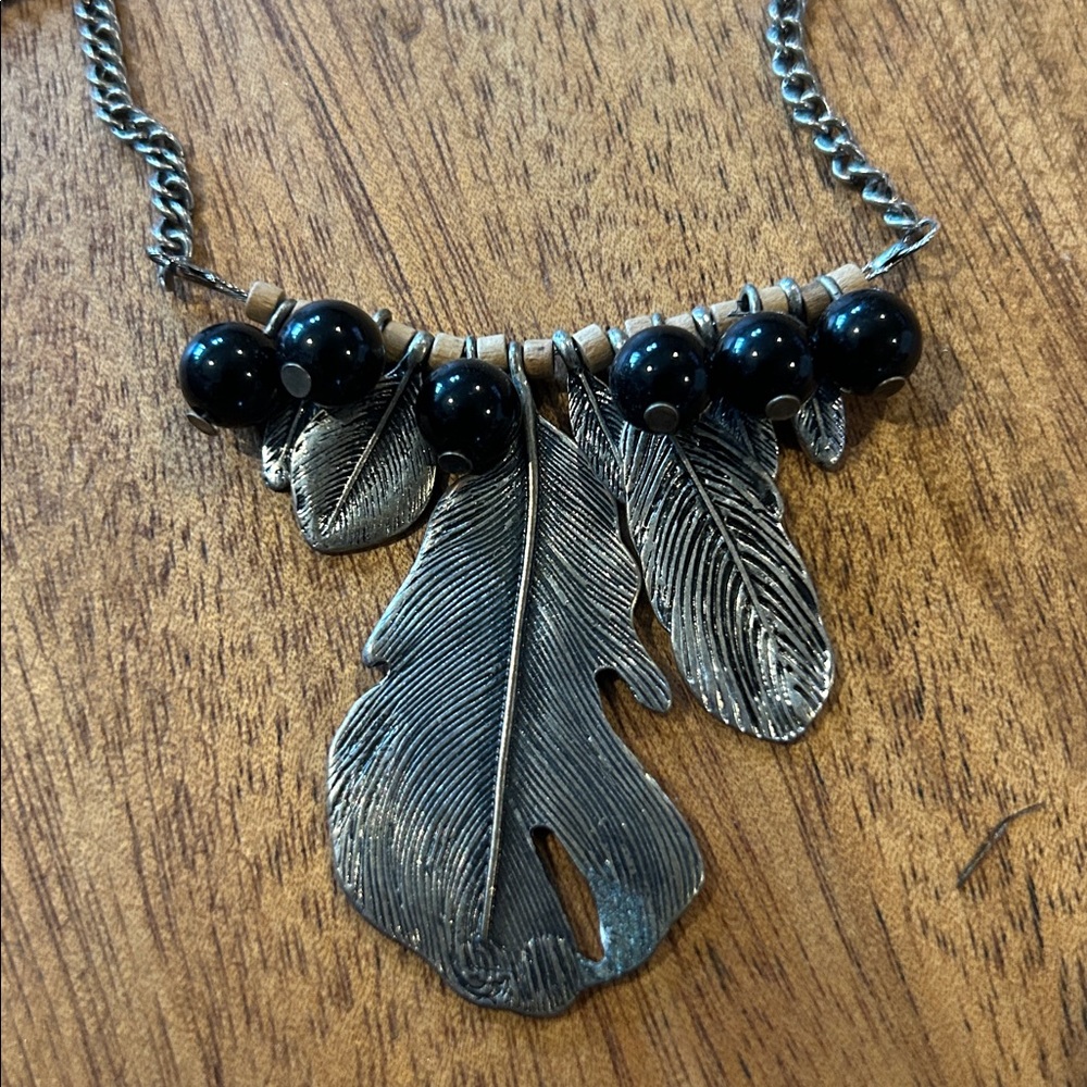 Boho Vintage Tribal Western Silver Feather Necklace with Black Beads